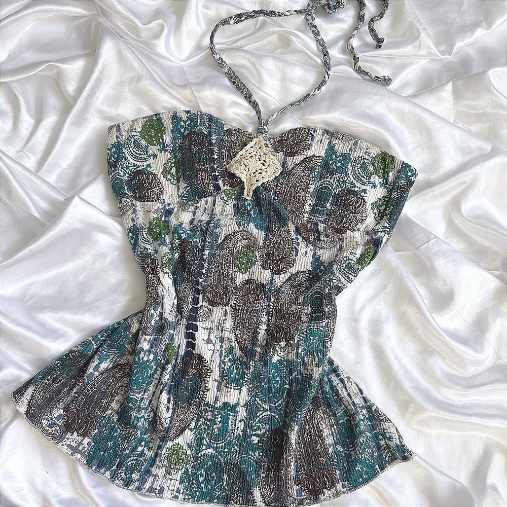 Self Esteem Paisley Halter Top XL Teal Brown Boho Crochet Crinkle Empire Waist